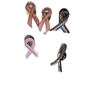 Lot of 5 Awareness Ribbon Pins Pink Rhinestone Lapel Brooches